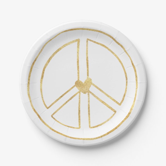 Gold Peace Sign Heart Paper Plate (Front)