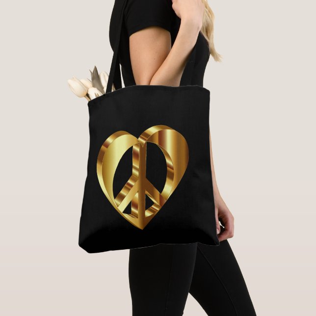 Gold Peace Sign With A Gold Heart Tote Bag (Close Up)