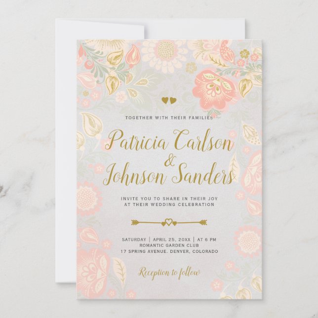 Gold Peach and Blush Spring Blooms Wedding Grey Invitation (Front)