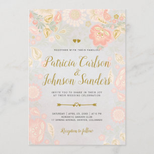 Gold Peach and Blush Spring Blooms Wedding Grey Invitation