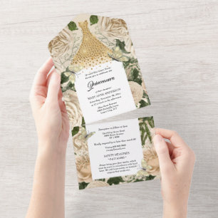 Gold peach butterfly sparkling gown birthday  all in one invitation