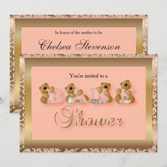 Gold & Peach Damask with Teddy Bears | Baby Shower Invitation (Front/Back)