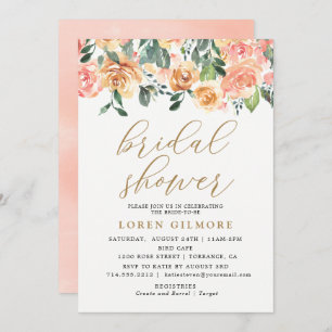 Gold Peach Floral Bridal Shower Invitation