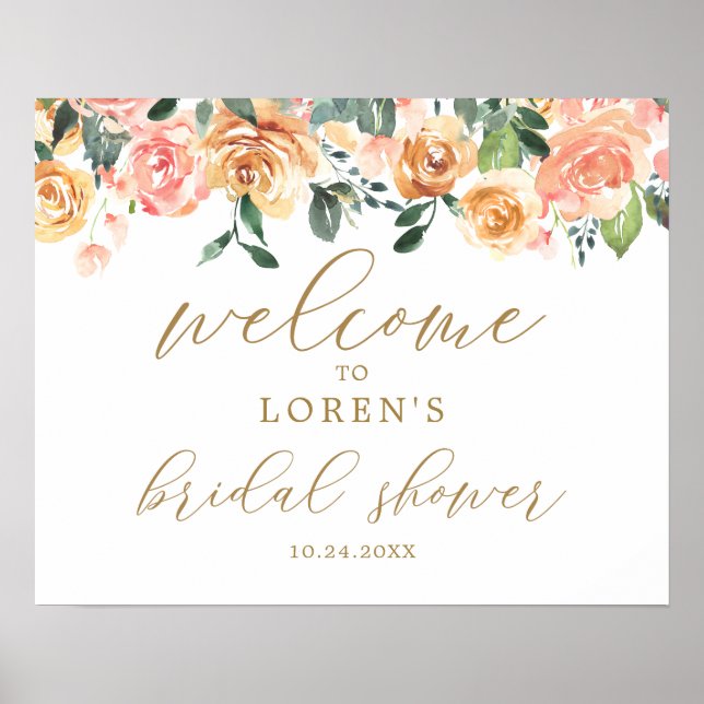 Gold Peach Floral Bridal Shower Welcome Poster (Front)