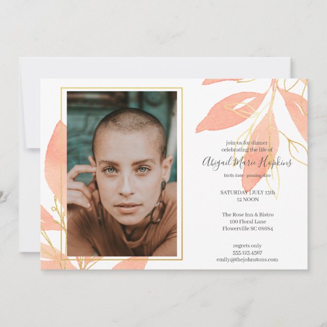 Gold Peach Floral Celebration of Life Funeral Thank You Card (Front)