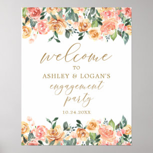 Gold Peach Floral Engagement Party Welcome Poster