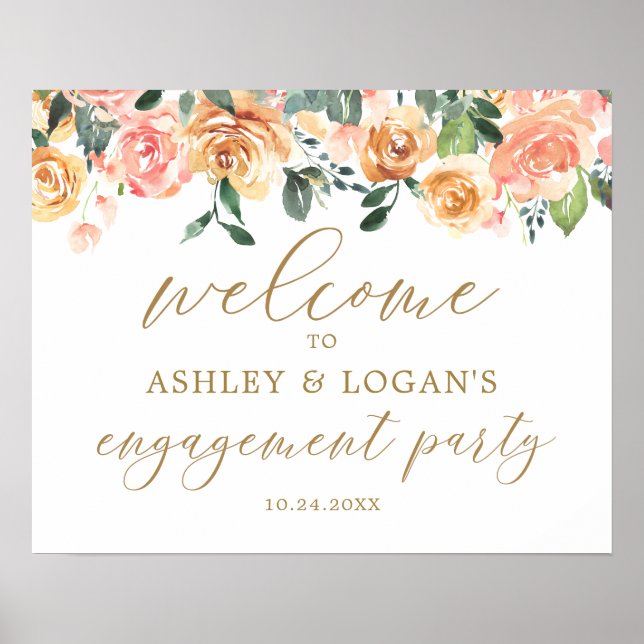 Gold Peach Floral Engagement Party Welcome Poster (Front)