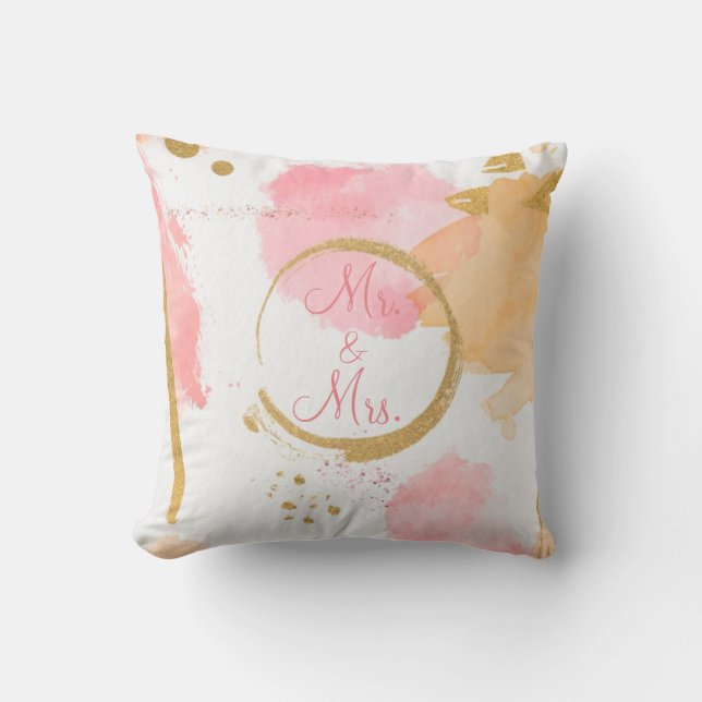 Gold Peach Floral Watercolor Abstract Script Cushion (Front)