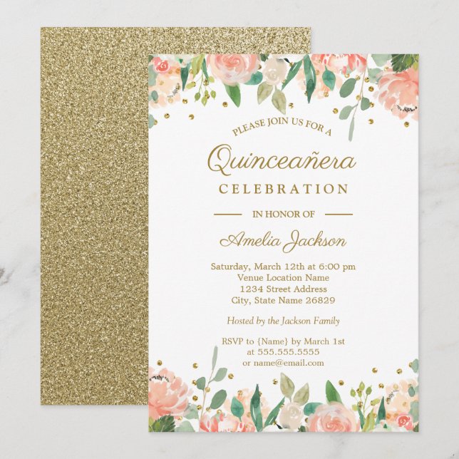 Gold Peach Floral Watercolor Quinceanera Invite (Front/Back)
