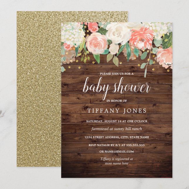 Gold Peach Floral Watercolor Wood Baby Shower Invitation (Front/Back)