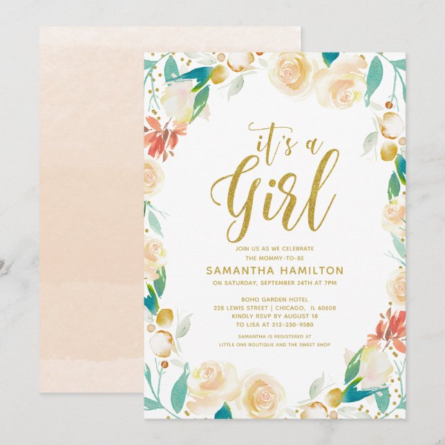 Gold Peach Floral Wreath Girl Baby Shower Invitation (Front/Back)