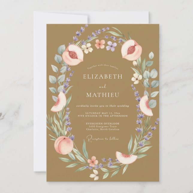 Gold Peach Fruit Eucalyptus Wedding Invitation (Front)