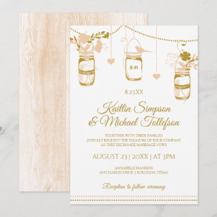 Gold & Peach Mason Jar Wedding Invitations Wood