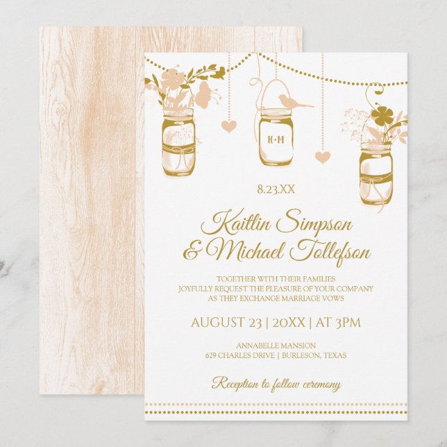 Gold & Peach Mason Jar Wedding Invitations | Wood (Front/Back)