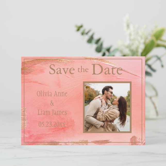 Gold Peach Melon Abstract Photo Modern Save The Date (Standing Front)