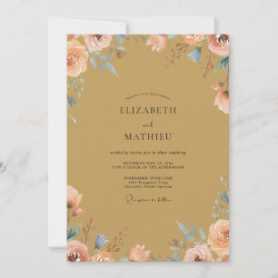 Gold Peach Peony Wedding Invitation