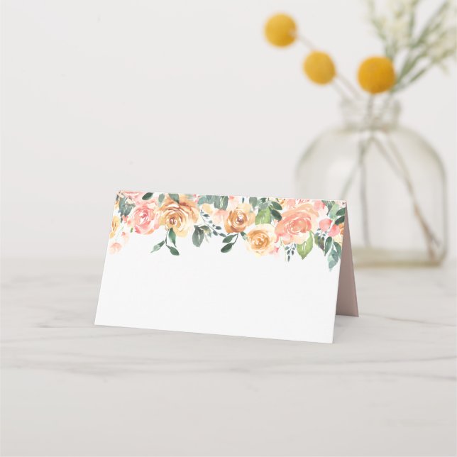Gold Peach Rustic Floral Wedding Folded Place Card (Front)