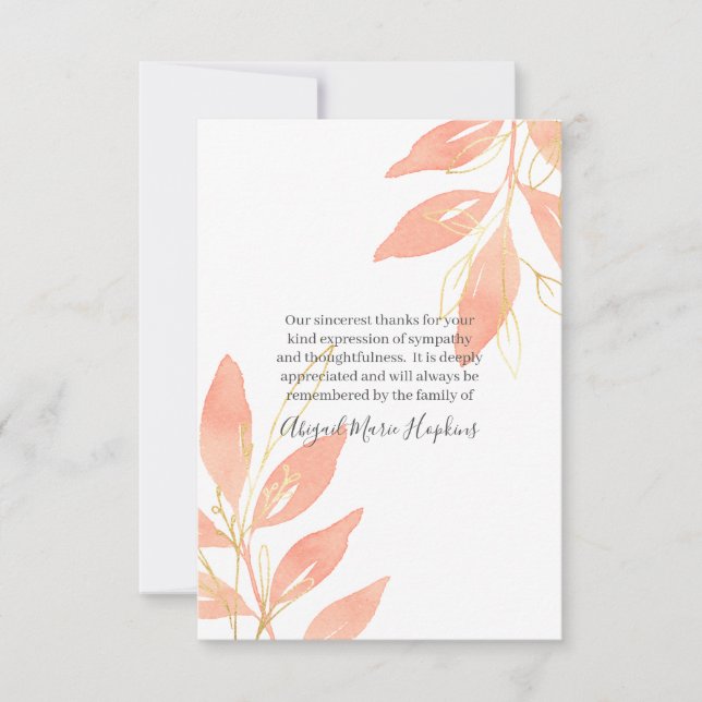 Gold Peach Watercolor Floral Thank You Bereavement Card (Front)