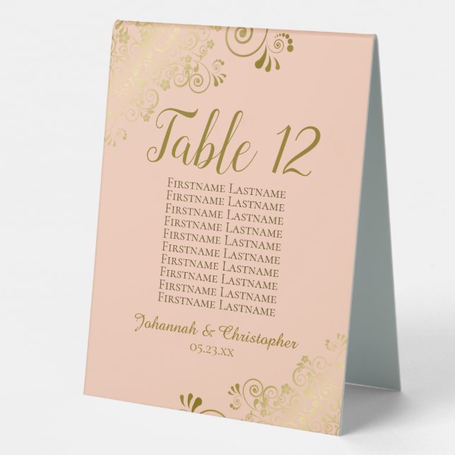 Gold & Peach Wedding Table Number Seating Chart (Back)