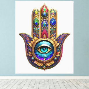 Gold Peacock Colors Hamsa Green Sapphire Third Eye Canvas Print