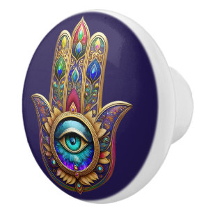 Gold Peacock Colors Hamsa Green Sapphire Third Eye Ceramic Knob
