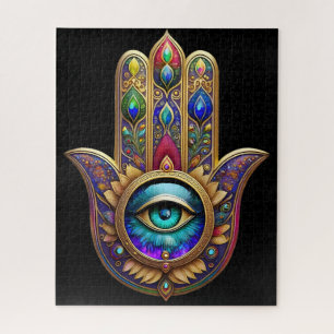 Gold Peacock Colors Hamsa Green Sapphire Third Eye Jigsaw Puzzle