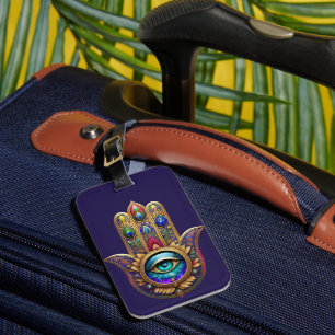 Gold Peacock Colors Hamsa Green Sapphire Third Eye Luggage Tag