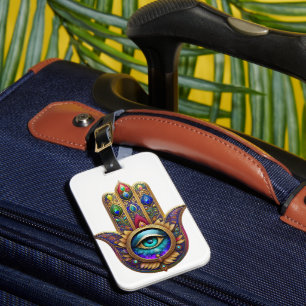 Gold Peacock Colors Hamsa Green Sapphire Third Eye Luggage Tag