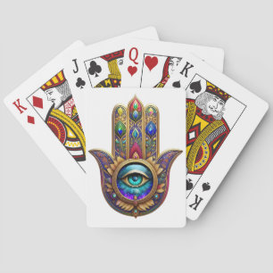Gold Peacock Colors Hamsa Green Sapphire Third Eye Playing Cards