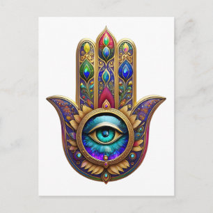 Gold Peacock Colors Hamsa Green Sapphire Third Eye Postcard