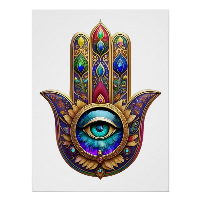 Gold Peacock Colors Hamsa Green Sapphire Third Eye Poster (Front)