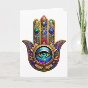 Gold Peacock Colours Hamsa Green Sapphire Third Ey Card