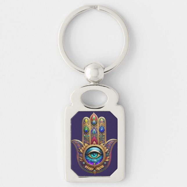 Gold Peacock Colours Hamsa Green Sapphire Third Ey Key Ring (Front)