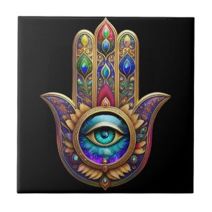 Gold Peacock Colours Hamsa Green Sapphire Third Ey Tile