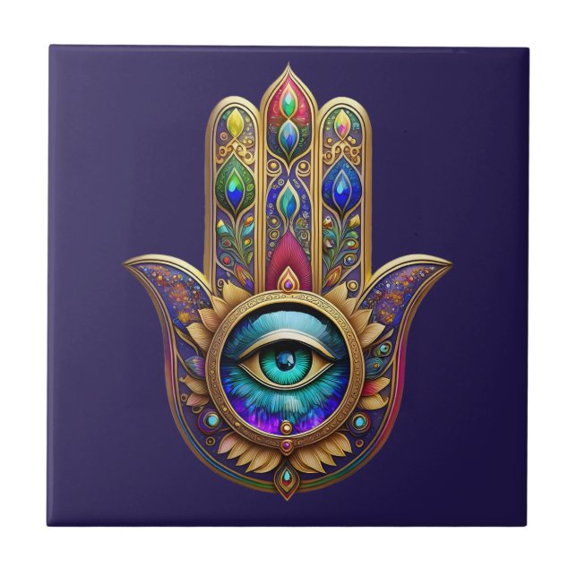 Gold Peacock Colours Hamsa Green Sapphire Third Ey Tile (Front)