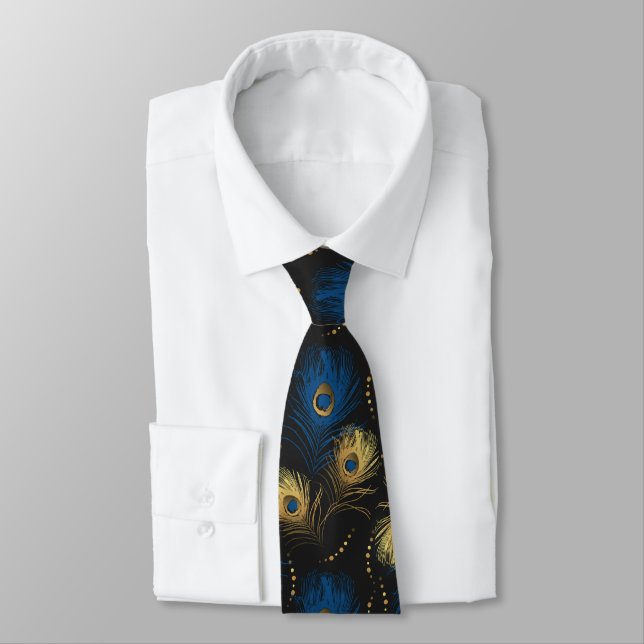 Gold Peacock Feather Black Blue Mens Necktie (Tied)