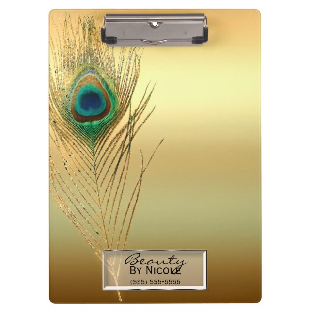 Gold Peacock Feather Elegant Glam Personalised Clipboard (Front)