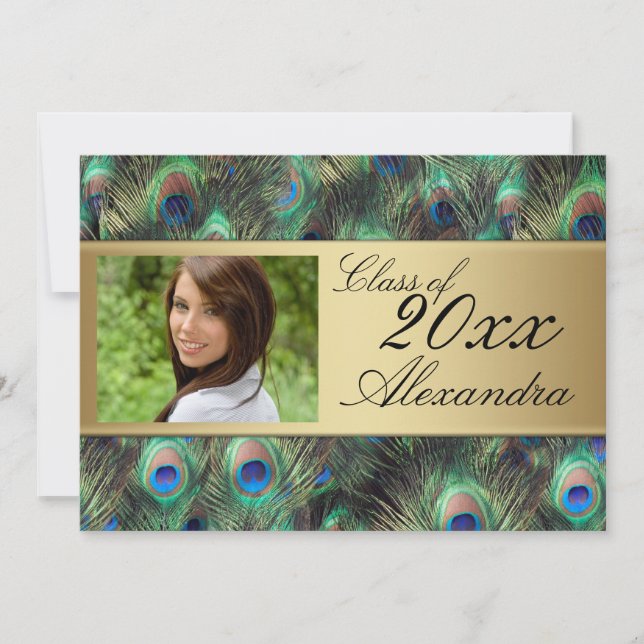 Gold Peacock Feather Elegant Graduation Invitation (Front)