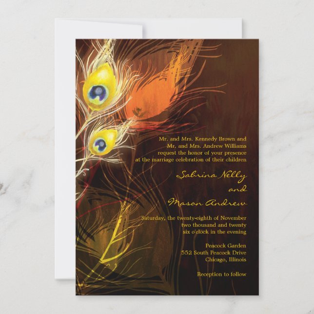 Gold Peacock Feather Flames Fall Wedding Invitation (Front)