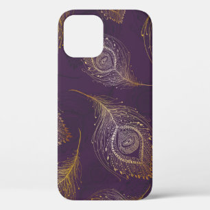 Gold peacock feather in violet background iPhone 12 case