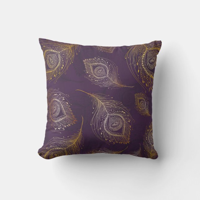 Gold peacock feather in violet background cushion (Front)