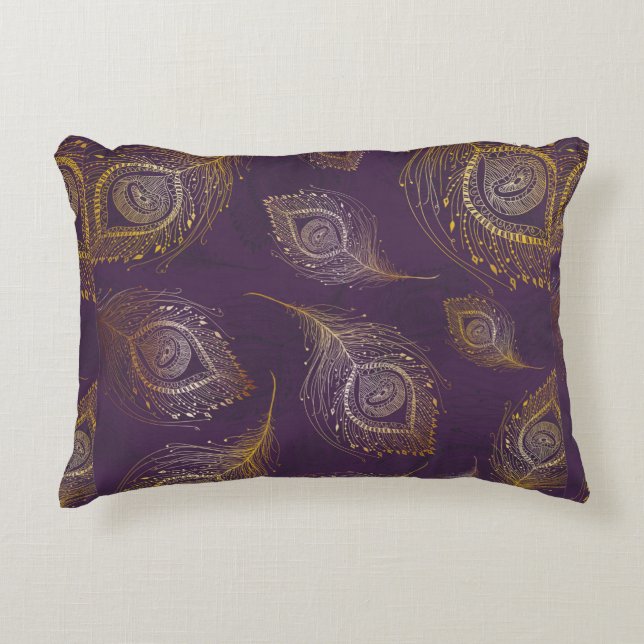 Gold peacock feather in violet background decorative cushion (Front)