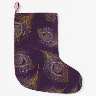 Gold peacock feather in violet background small christmas stocking