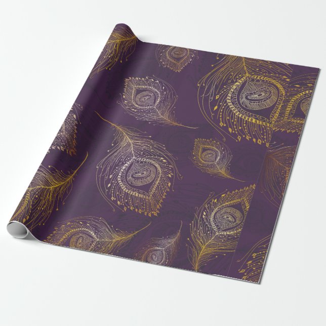 Gold peacock feather in violet background wrapping paper (Unrolled)