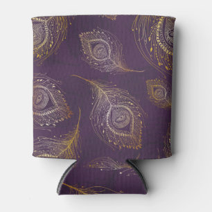 Gold peacock feather, violet background. can cooler
