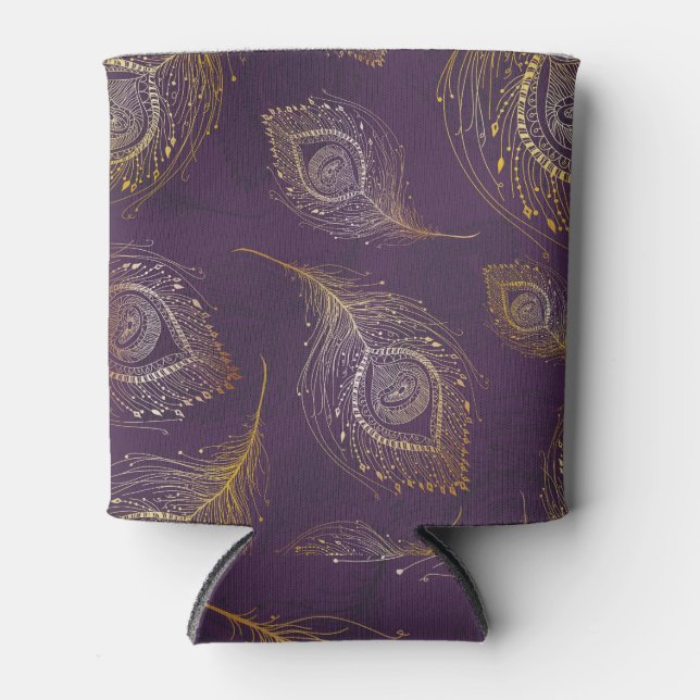 Gold peacock feather, violet background. can cooler (Front)