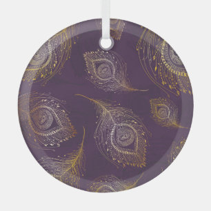 Gold peacock feather, violet background. glass tree decoration