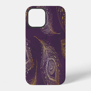 Gold peacock feather, violet background. iPhone 12 case