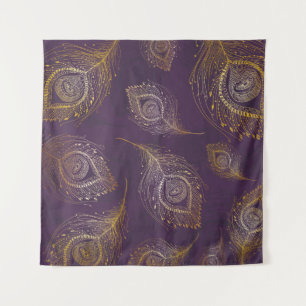 Gold peacock feather, violet background. tapestry