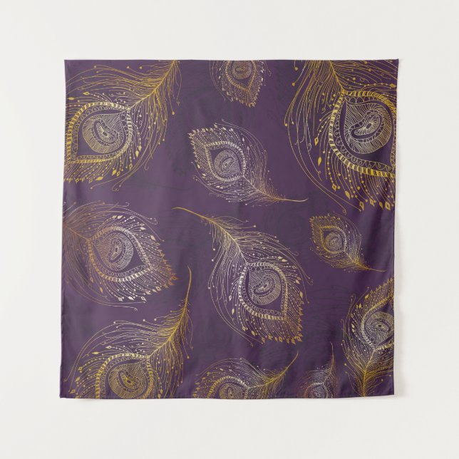 Gold peacock feather, violet background. tapestry (Front)